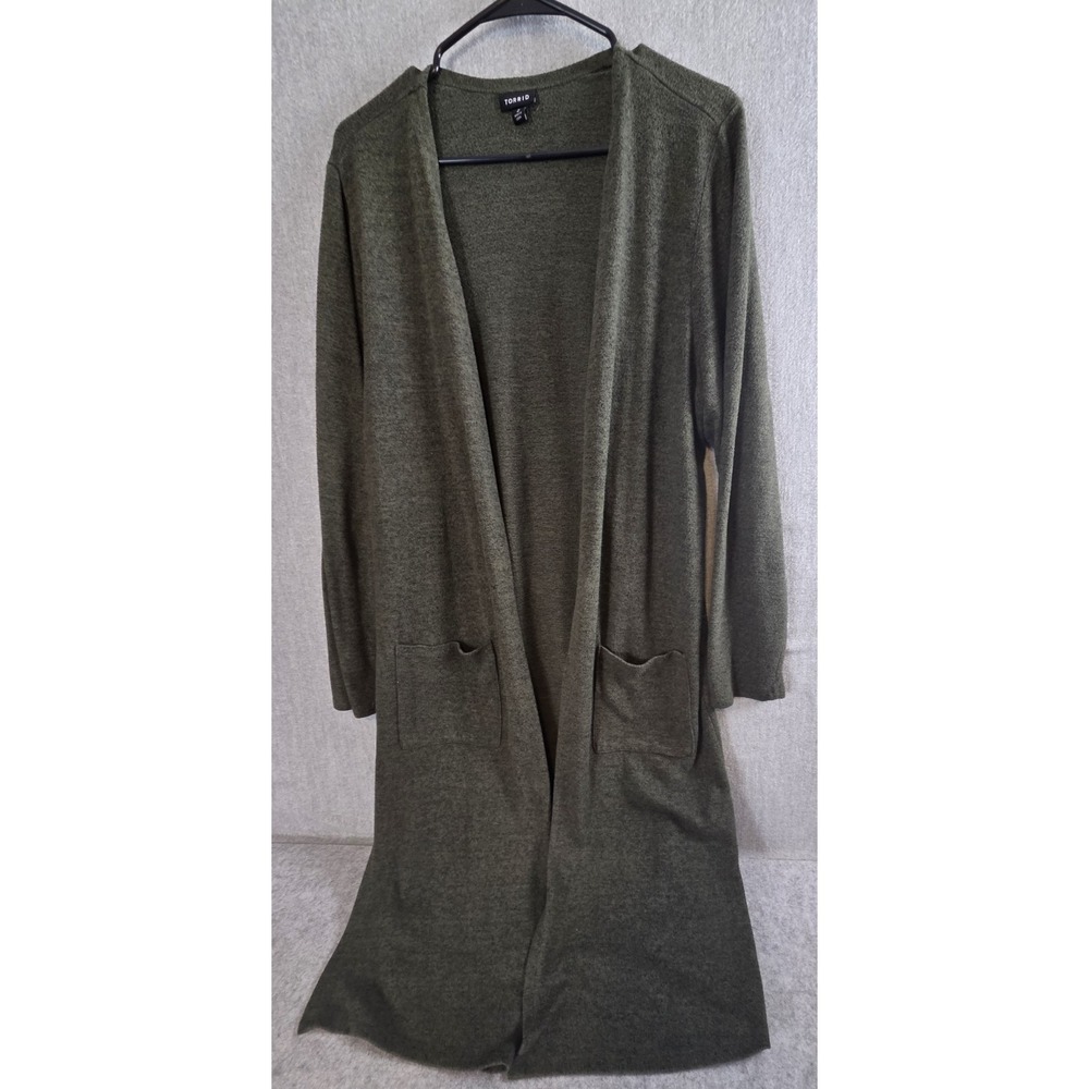 Torrid 2X Cardigan Sweater Duster Forest Green Open Front Super Soft Pockets